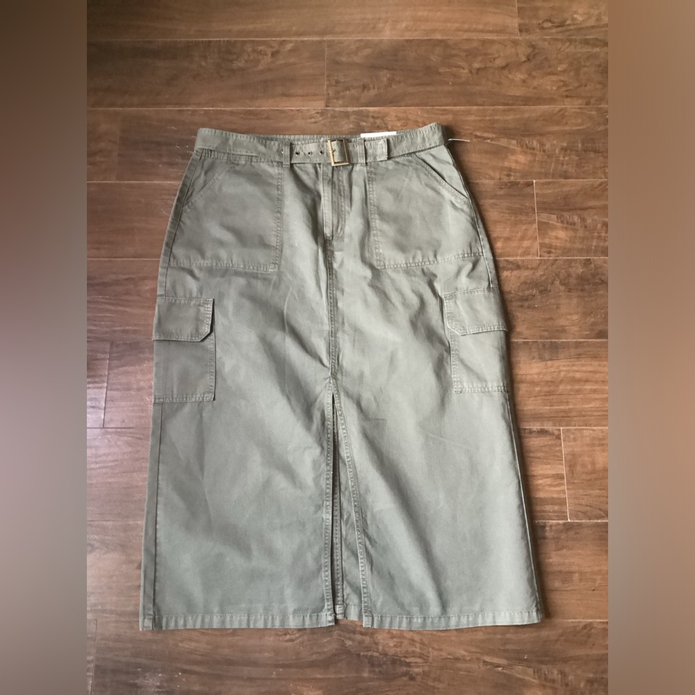 NWT Womens Plus Maurice’s Maxi Skirt Sz 18 Cargo Olive Green Belted. #27